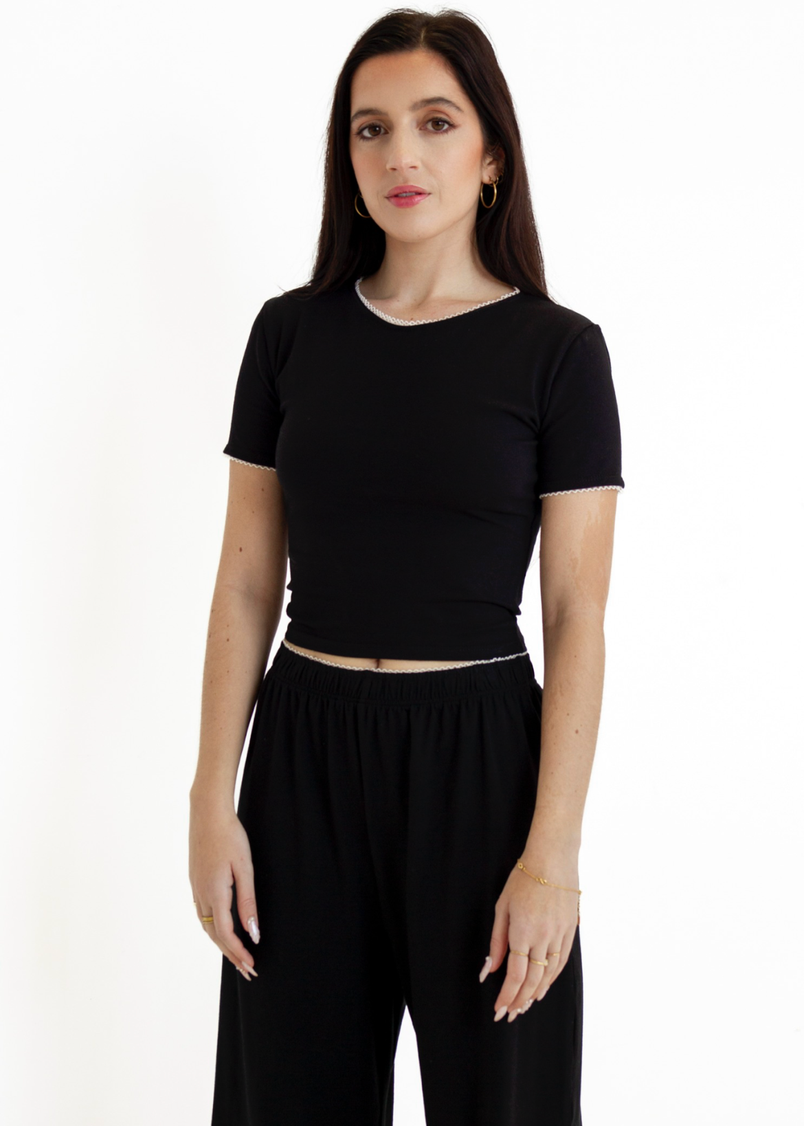 Lace Trim Short Sleeve Pajama Top | Black