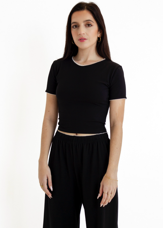 Lace Trim Short Sleeve Pajama Top | Black